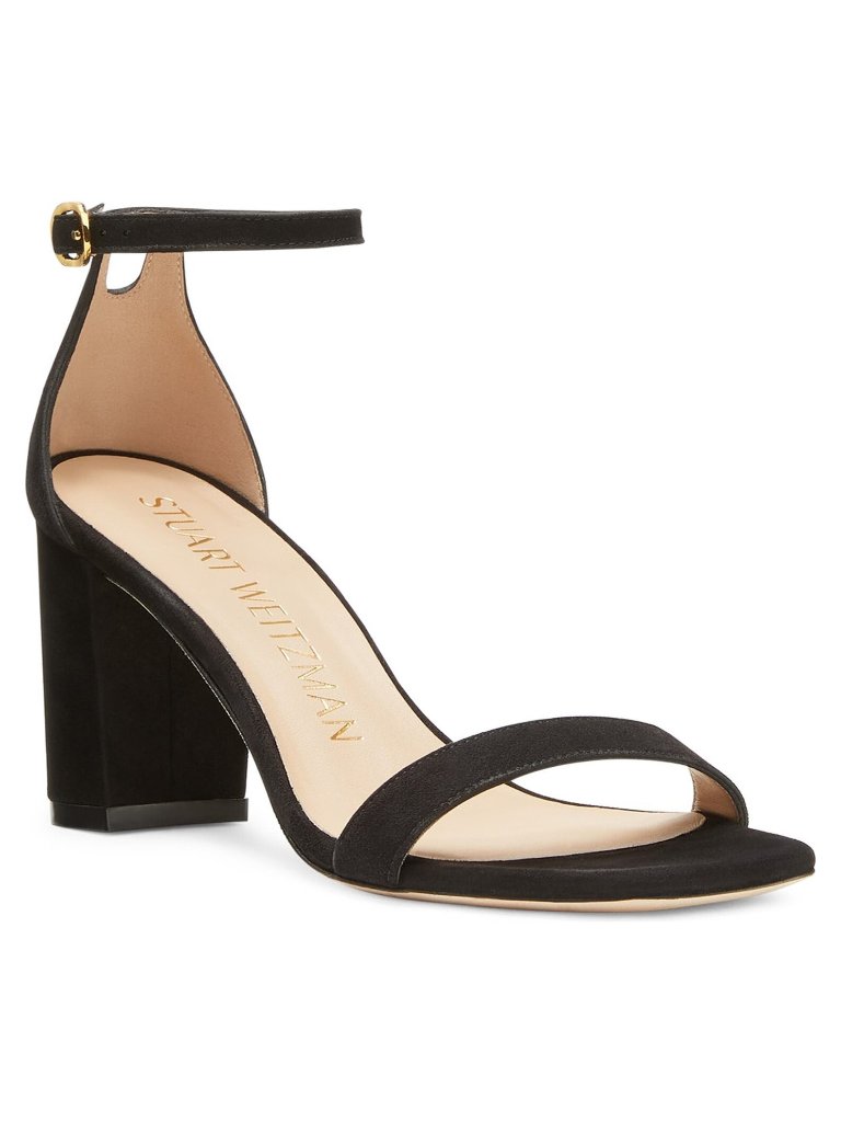 $490 Stuart Weitzman Nudistcurve 75 Block Heel Sandal Black Suede 9.5 Us (Tf16)